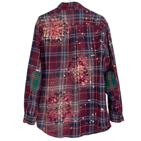 Handmade Boho Flannel Shirt Floral Stencil Bleached Plaid Womens Large XL Red - Picture 2 of 14